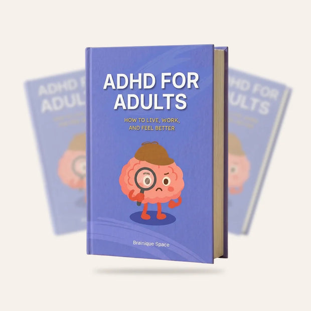 Book titled 'ADHD for Adults' with a cartoon brain character on a light gray background