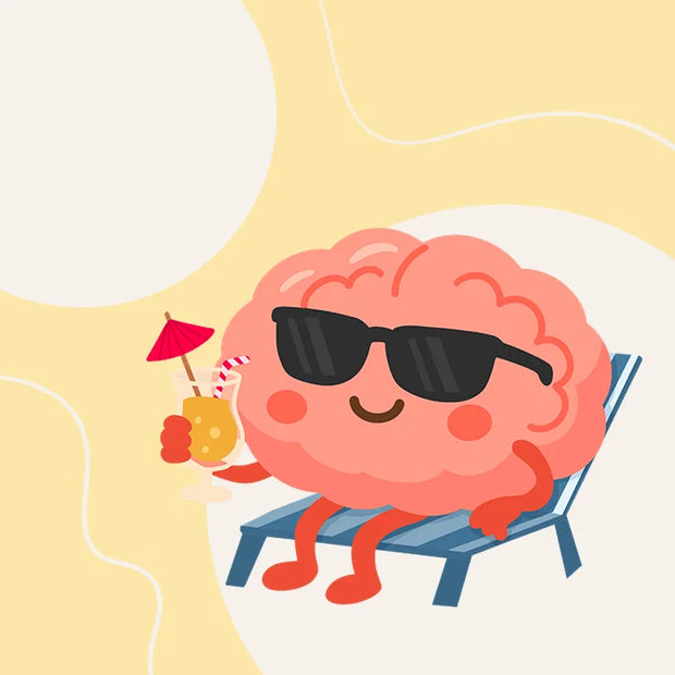 Illustration of a brain character relaxing on a beach chair with sunglasses and a drink.