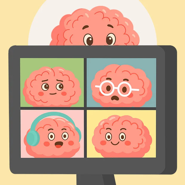 Cartoon brain characters on a computer screen with a yellow background