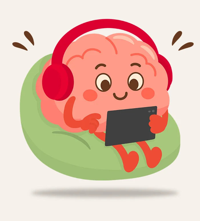 Cartoon brain wearing headphones and holding a tablet on a light beige background